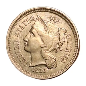 1866 3 Cent Nickel Beautiful ~AU+ Light Strike Through & Reverse Die Cracks! - Picture 1 of 10