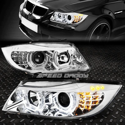 FOR 05-08 BMW E90 3-SERIES CHROME 3D CRYSTAL HALO PROJECTOR HEADLIGHT+LED CORNER - Image 1 of 4