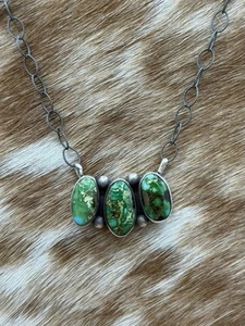 Navajo Handmade Sterling Silver Sonoran Gold Turquoise Cluster Bar Necklace 18” - Picture 1 of 4