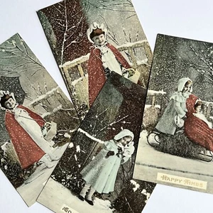 Antique Beautiful Christmas Postcard Lot Of 4 Adorable Children Playing In Snow - Picture 1 of 15