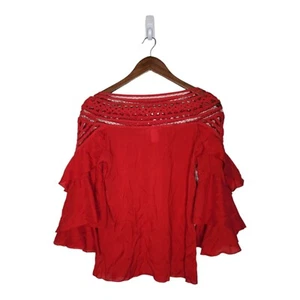Anthropologie Esley Red Latice Net Tiered Ruffle 3/4 Sleeve Womens Sz Small Top - Picture 1 of 7