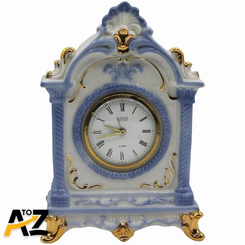 Vtg Landex Royal Craft Blue &  White Porcelain Alarm Clock Gold Trim Japan Works Cover