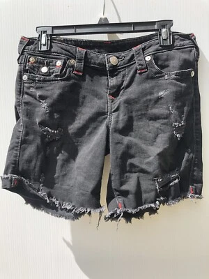 True Religion Shorts Women 28 Mid Cut Off Denim Ripped Flap Pockets Black - Image 1 of 4
