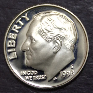 Lote de monedas de diez centavos S Roosevelt 1998 90 % plata prueba tono claro inverso F 373 - Imagen 1 de 2