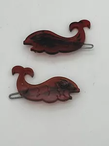 Vintage70s Faux Tortoiseshell Whale Fish Barrette Set 1 3/4" - Picture 1 of 5
