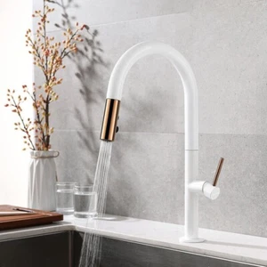 Multi Function Pull Out Kitchen Faucet Tap White Rose Gold Spout 360 Turn Spray - Picture 1 of 7