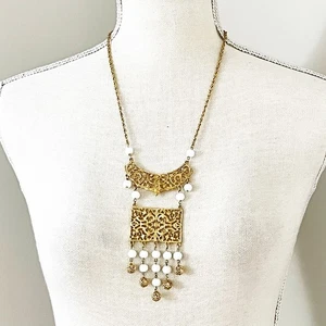 Vintage Gold with White Bead Filagree Fringe Pendant Necklace - Picture 1 of 8
