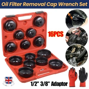 16Pc Oil Filter Wrench Set Cup Type Removal Tool Socket Kit 1/2" 3/8" Adaptor - Picture 1 of 11