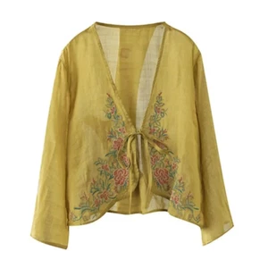 Ethno besticktes Damenhemd offene Bluse zum Binden 3/4-Ärmel Oberteil chinesisches Hanfu - Bild 1 von 12