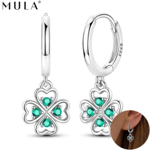 MULA Fine Women Hollow Lucky Clover Hoop Earrings CZ Jewelry 925 Sterling Silver - Picture 1 of 6