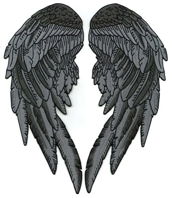 Black & Gray Angel Wing Patches 12" | Realistic Large Feather Embroidered Patch - Image 1 of 4