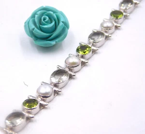 15.4 Gm 925 Sterling Silver Natural Multi Gemston Handmade Bracelet Size 8" Inch - Picture 1 of 5