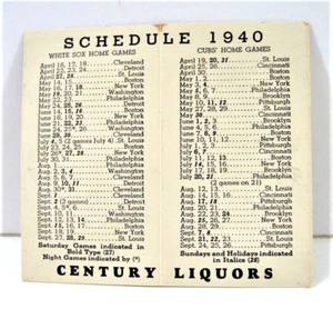 Whisky vintage 1940 de los Cachorros de Chicago/Medias Blancas calendario de béisbol siglo - Imagen 1 de 4
