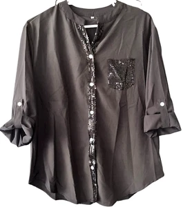 Women’s Black V-Neck Sequin Mid-Sleeve Casual Top, Glitter Sequin Mid-Sleeve Top - Bild 1 von 4