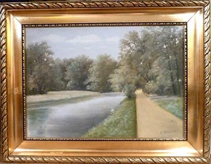 J. JENSEN! LANDSCAPE WITH ROAD ALONG THE STREAM - Picture 1 of 4