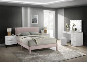 6Pc Queen Size Upholstered Platform Bed Vanity Mirror Nightstand Set Pink White - Picture 1 of 13