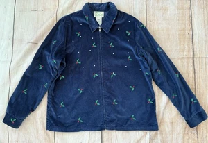 Chaqueta Quacker Factory Mujer L Azul Marino Terciopelo Acebo Roble Bordado Vacaciones De Colección - Imagen 1 de 8