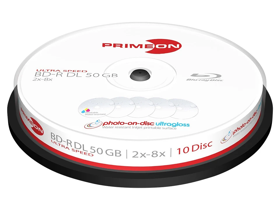 PRIMEON BD-Rohling BD-R DL 50GB 2-8x Cakebox 10 Stück printable ultragloss - Bild 1 von 1