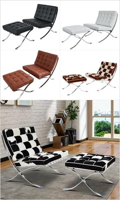 Sillón Premium con otomana cuero genuino/asiento de club de pelo de caballo plegable Foto 1 de 3