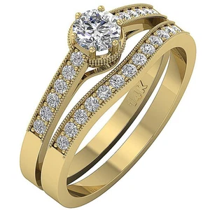Bridal Engagement Ring Round Lab Grown Diamond VS F 0.90 Carat 14K Yellow Gold - Picture 1 of 8