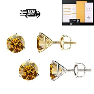 14K Gold GRA CertifiedD-VVS1 Champagne Moissanite ScrewBack Stud Earrings - Picture 1 of 14
