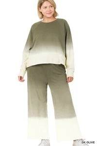 Plus Size Tie Dye French Terry Lounge Set Dark Olive 2XL - Picture 1 of 7