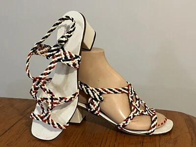 True Vtg 60 年代女士爱国编织绑带凉鞋意大利 6.5 码 — 第 1/4 张图片