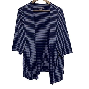 Catherines Cardigan Womens 0X 14 16 Blue Tan Stripe 3/4 Sleeve Open Suprema - Picture 1 of 10