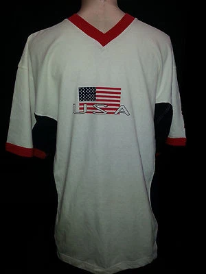 NUEVO CON ETIQUETAS EE. UU. American Patrotic Hombres Camiseta Cuello en V Manga Corta Talla XL Blanco Azul Rojo Foto 1 de 4