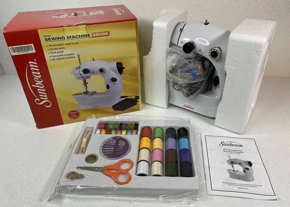 Sunbeam White Mini Sewing Machine With Foot Pedal Model SB08K White New Open Box - Image 1 of 4