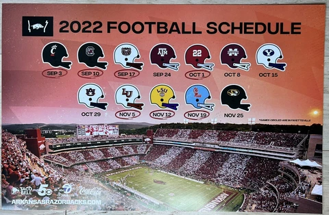 Arkansas Razorbacks SEC Football 2022 Schedule Poster 17x11 Cover