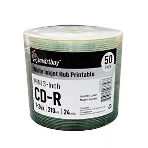 50 Smartbuy Mini CD-R 3-in 24X 210MB 24Min White Inkjet Hub Printable Blank Disc - Picture 1 of 2