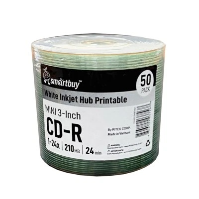 50 Smartbuy Mini CD-R 3-in 24X 210MB 24Min White Inkjet Hub Printable Blank Disc - Image 1 of 2