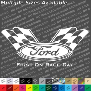 PAIR Ford first on race day custom color decal sticker checkered flags car truck - Picture 1 of 1
