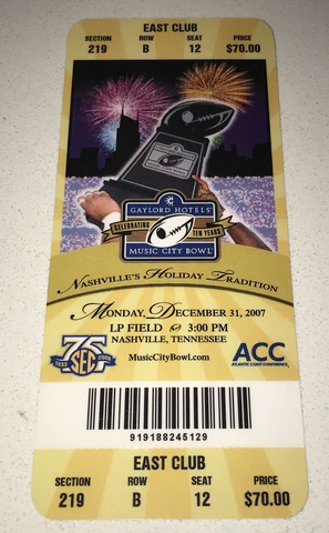12/31/07 Music City Bowl FULL Plastic Club Ticket Stub Kentucky FSU Nashville Cover