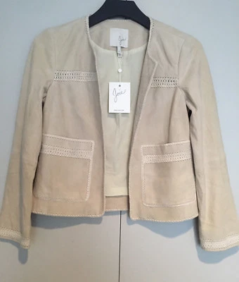 NUEVO CON ETIQUETAS JOIE Chaqueta de Cuero de Gamuza de Cabra Bordada Sin Cuello, Tostada, S ~ELEGANTE~ Foto 1 de 4