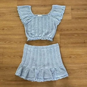 Freshman 1996 Women's Crochet Knit Top Skirt Set XL Ice Blue Boho Vacation New - Picture 1 of 7