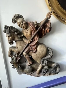 ANTIKE GROSSE HANDGESCHNITZTE HOLZSKULPTUR LINDENHOLZ HEILIGER GEORGE DRACHE 18 ZOLL - Bild 1 von 11