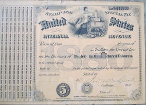 General Charles Victor DeLand Autograph 1880 Tobacco Tax Document BEP Engraved - Picture 1 of 4