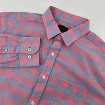 UNTUCKIT Mens Button Down Shirt Large Anderson Plaid Cotton Linen Pink Blue - Image 1 of 4