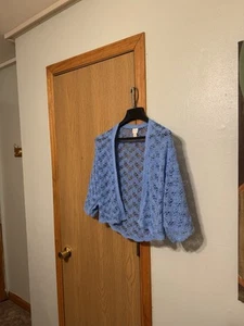 Chico's Size 0 (Small) Blue Open-Knit Open-Front Linen Blend Shrug Cardigan - Picture 1 of 4