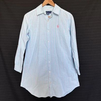 Ralph Lauren Blue Pink Stripe Night Shirt Gown Button Up Long Sleeve Womens S - Image 1 of 4