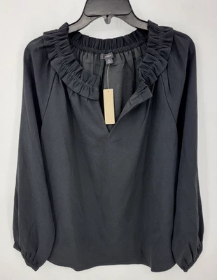 Top J Crew para mujer mediano negro cuello con volantes manga larga poeta eduardiano nuevo con etiquetas Foto 1 de 4
