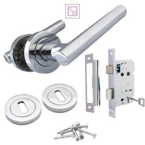 Straight T Bar Chrome Door Handles – Bathroom Lock Handle Sets with Thumbturn - Picture 1 of 21