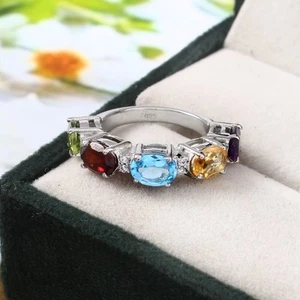 925 Sterling Silver Half Eternity Ring Natural Blue Topaz Citrine Garnet Peridot - Picture 1 of 11