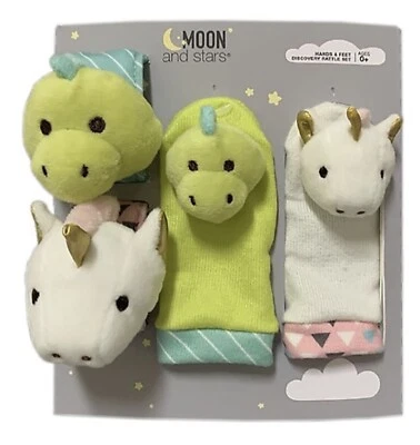 Luna y Estrellas Sonajero Set Manos Pies Descubrimiento Sonajero Set Dinosaurios Unicornios Nuevo Foto 1 de 4