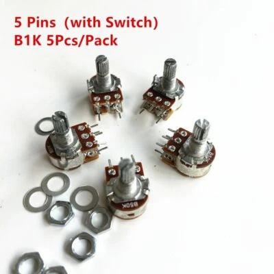5Pcs B1K 1K WH148 5 Pins Potentiometer with Switch Shaft 15mm 5 Pin - image 1 of 4