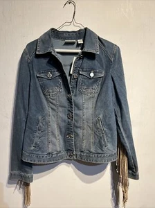 NWT Chico's Platinum Faux Suede Fringe Denim Jean Jacket Size 0 Women's Boho - Picture 1 of 10