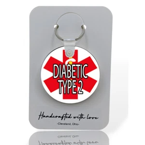 Diabetic Type 2 Medical Alert Keychain Key Ring 2-Sided Wood Purse Backpack Tag - Picture 1 of 6