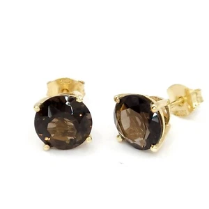 🌫️ 9mm Smoky Quartz Stud Earrings Gold on 925 Silver 8.00ct – Elegant Sparkle! - Picture 1 of 9